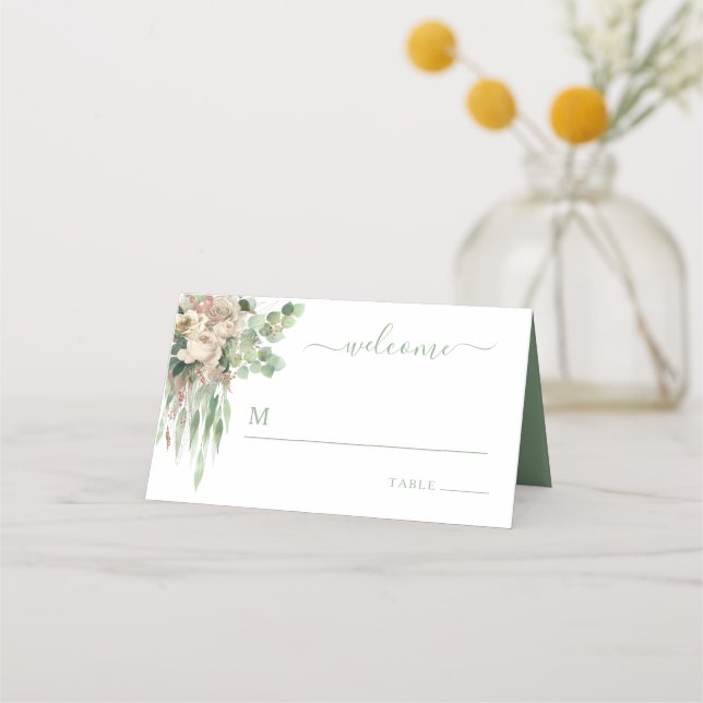 Carte De Placement Élégant Rose Floral Vert Mariage (Devant)