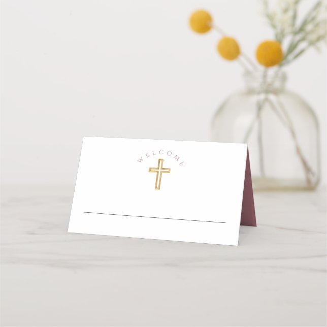 Carte De Placement Élégant Rose Religieux Fille Première Communion (Devant)
