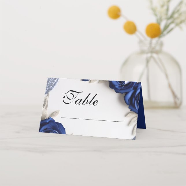 Carte De Placement Elégant Roses bleu marine et Mariage Parties scint (Devant)