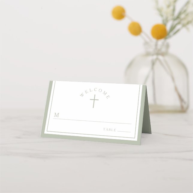 Carte De Placement Elegant Sage Green Religious Boy Baptism (Devant)