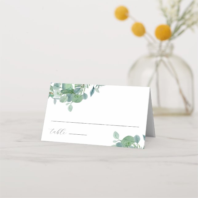 Carte De Placement Élégant Script vert Feuille Eucalyptus Mariage (Devant)