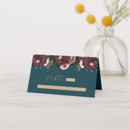 Carte De Placement Élégant Turquoise foncé Bourgogne Floral Mariage