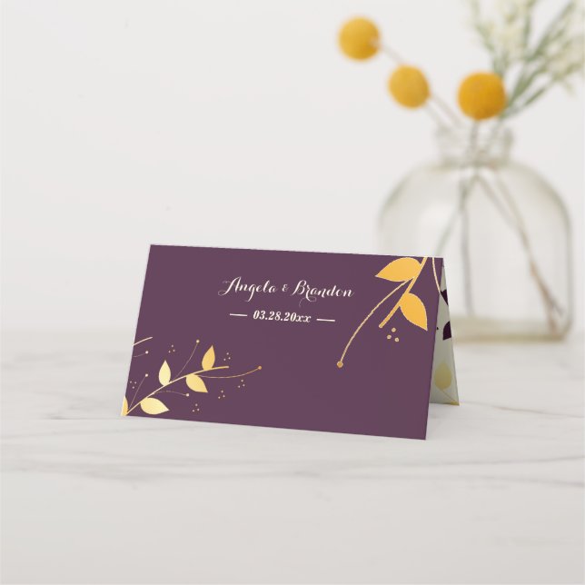 Carte De Placement Élégant violet Feuille d'or (Dos)