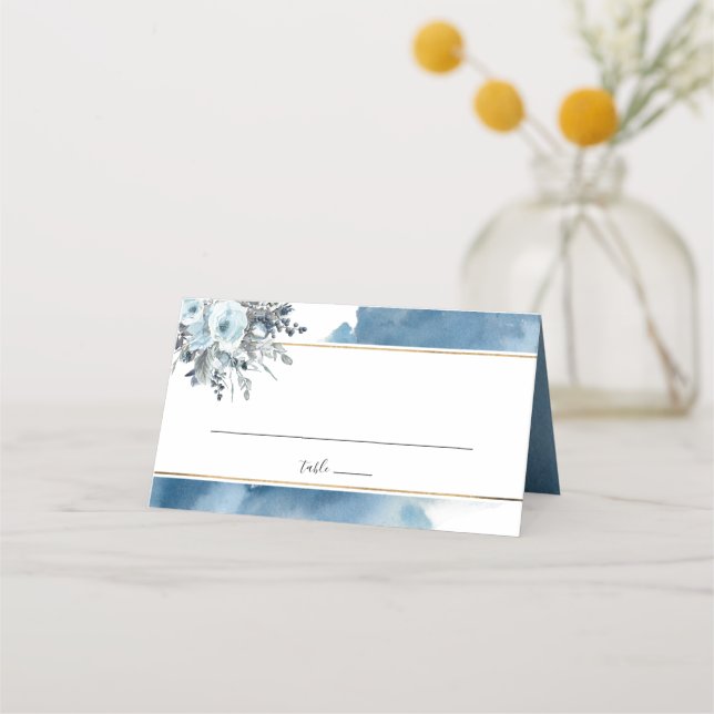 Carte De Placement Elégante aquarelle bleue et bleu floral (Devant)