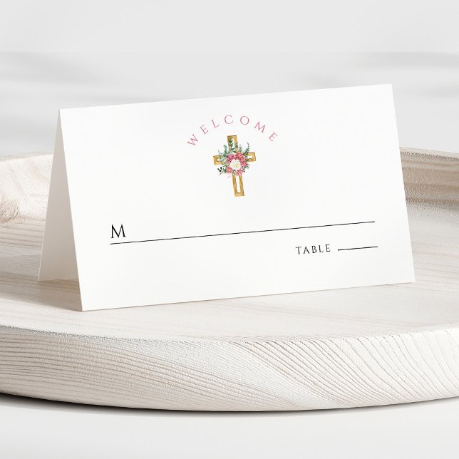 Carte De Placement Elégante Croix Religieuse Première Communion Flora (Front - Elegant Religious Cross Floral First Communion Place Card)