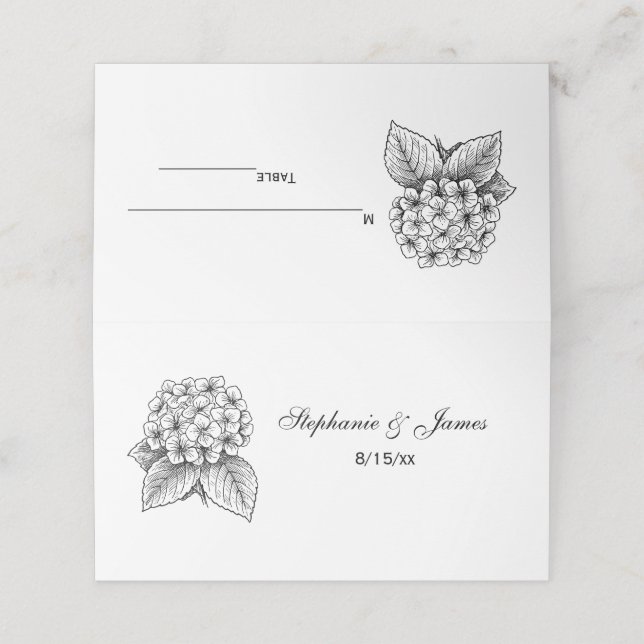 Carte De Placement Elégante Hydrangea Bouquet Mariage Couple (Extérieur déplié)