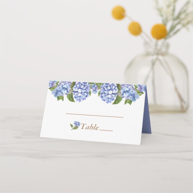 Carte De Placement Elégante Hydrangée Bleue Florale Blanc Mariage Pla (Devant)