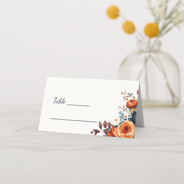 Carte De Placement Elégante Marine Blue Orange Floral Mariage Table (Devant)