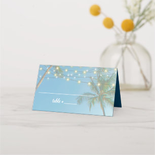 Carte De Placement Elégante Plage Tropicale Mariage Palmiers Lumières