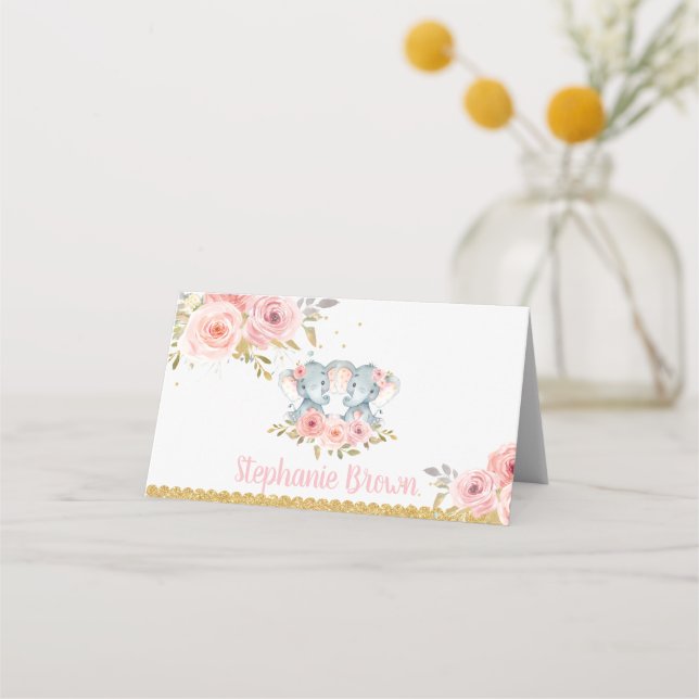 Carte De Placement Eléphant Twin Girls Baby shower rose Floral (Devant)
