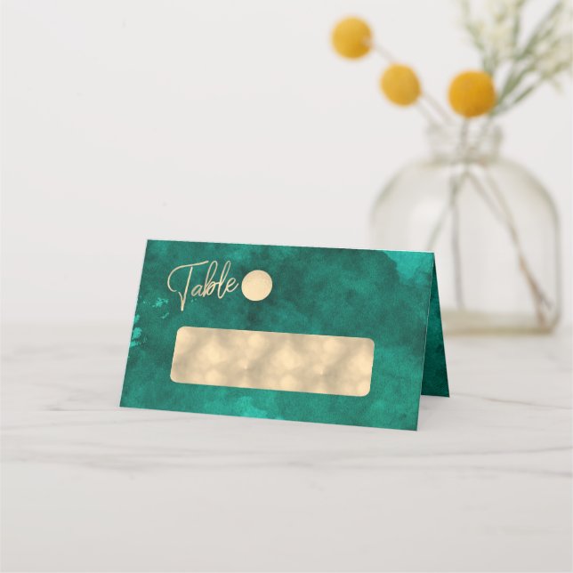 Carte De Placement Emerald Green Aquarelle & Gold Numéro de table (Devant)