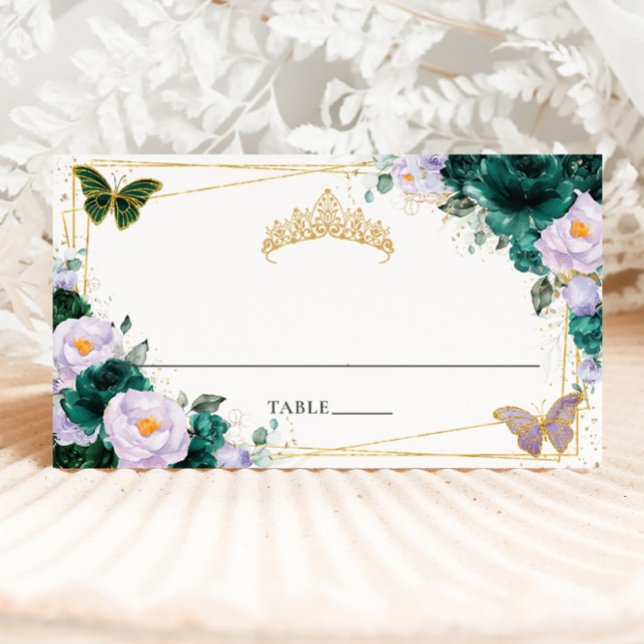 Carte De Placement Émeraude Vert Lilas Violet Floral Quinceañera 16èm (Créateur téléchargé)