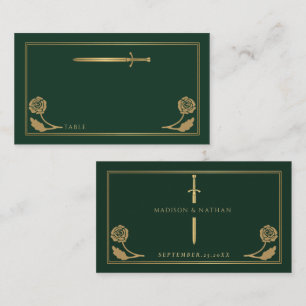 Carte De Placement Épée Royale Médiévale Verte Dorée de Mariage