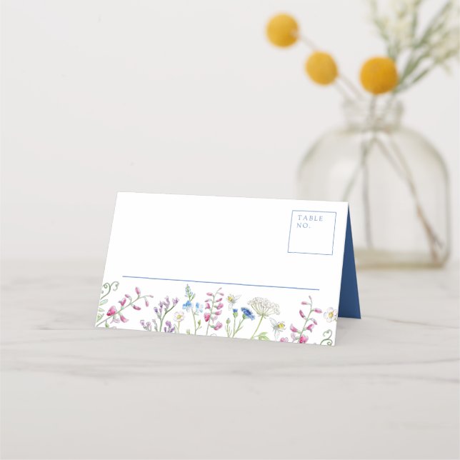 Carte De Placement Esquisse de fleur sauvage d'aquarelle mariage bleu (Devant)