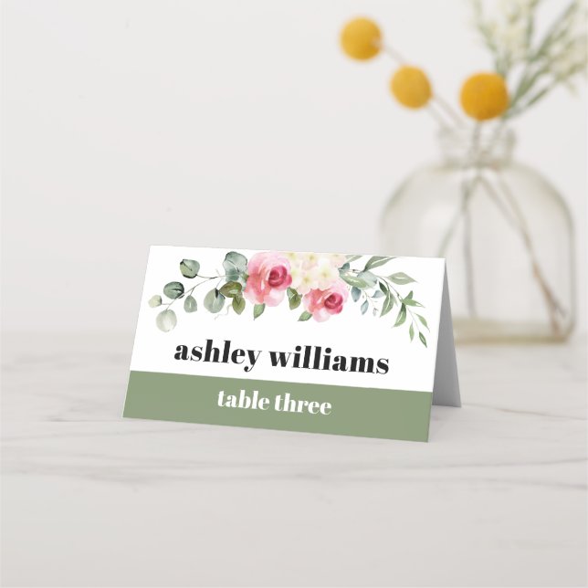 Carte De Placement Eucalyptus rose rose rose fleurs blanches mariage (Devant)