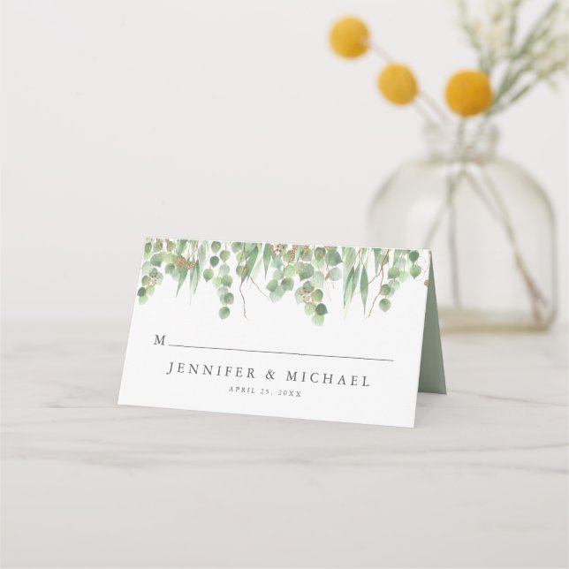 Carte De Placement Eucalyptus Vert Aquarelle & Mariage Or (Devant)