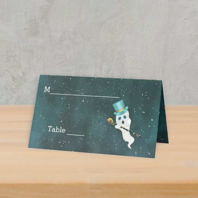 Carte De Placement Fancy Ghost Blue Top Hat Skull Cane Night Sky (Floating fancy ghost top hat gold skull cane in night sky with stars on standing table place card.)