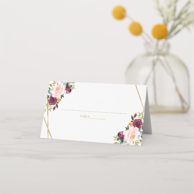 Carte De Placement Fête de mariage aquarelle bordeaux rose (Devant)