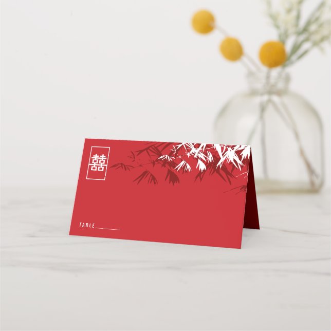 Carte De Placement Feuilles de bambou de Bourgogne Double Xi Mariage  (Devant)