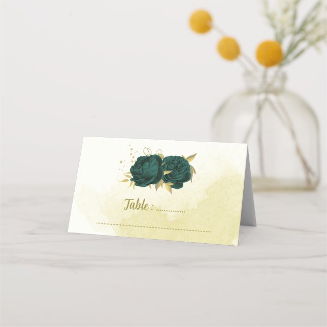 Carte De Placement Feuilles d'or aux fleurs vert émeraude (Devant)
