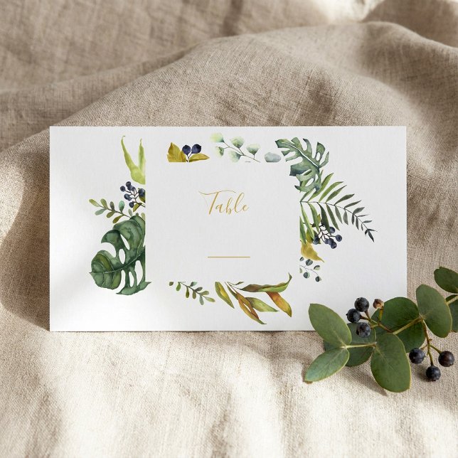 Carte De Placement Feuilles et couronne de fleurs, numéro de table fr (Leaves and flower wreath, border table number place card.)