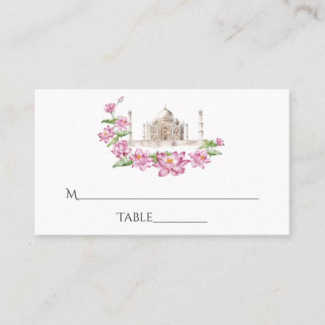 Carte De Placement Fleur de lotus indienne à l'aquarelle Taj Mahal (Devant)