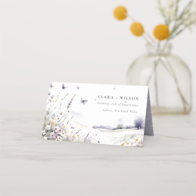 Carte De Placement Fleur sauvage Lilac   Papillon Mariage paysage (Devant)