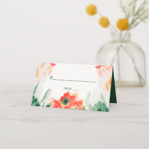 Carte De Placement Fleurs aquarelles vert forêt, orange, blanc