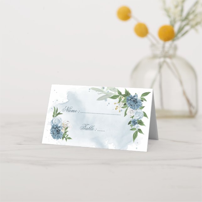 Carte De Placement fleurs bleues et blanches vert feuilles (Devant)
