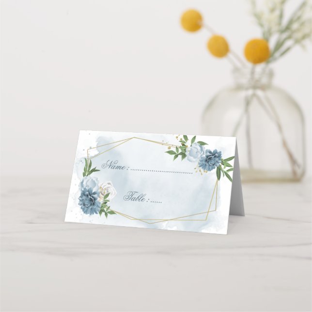 Carte De Placement fleurs bleues et blanches vert feuilles géométriqu (Devant)