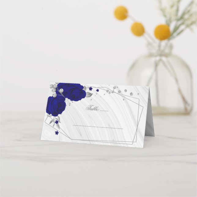 Carte De Placement fleurs bleues royales argent feuille géométrique (Devant)