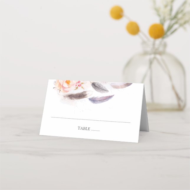 Carte De Placement Fleurs Boho Aquarelle Plumes (Devant)