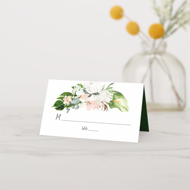Carte De Placement Fleurs d'aquarelle tropicales blanches et bleues (Devant)