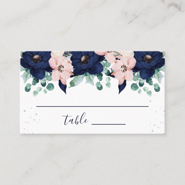 Carte De Placement Fleurs Nautiques Bleu Nuit et Rose Blush | Plan de (Devant)