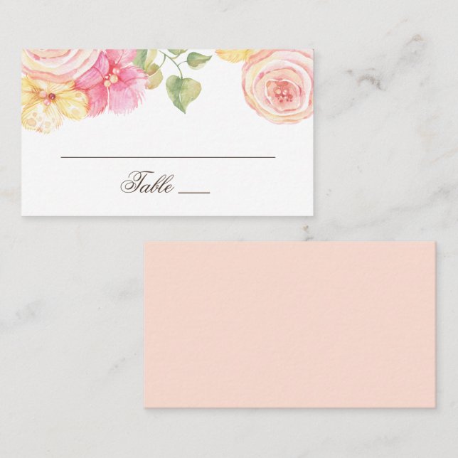 Carte De Placement Fleurs roses aquarelles. Mariage floral (Devant / Derrière)
