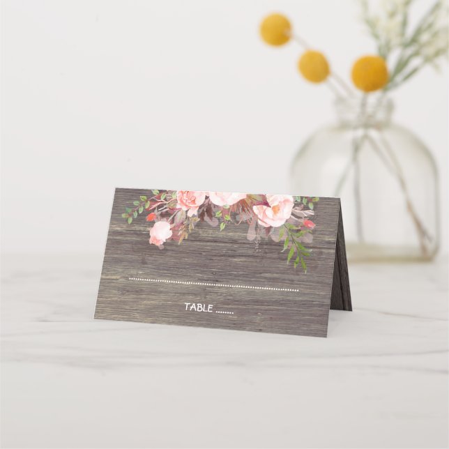 Carte De Placement Fleurs roses Mariage de bois rustique (Devant)