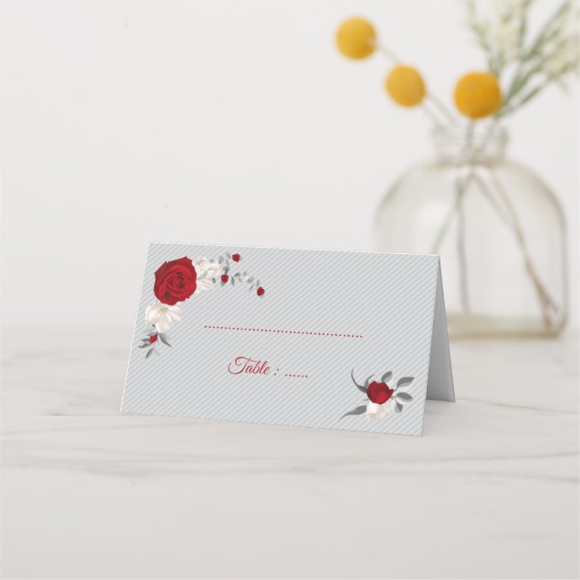 Carte De Placement fleurs rouges et blanches argent feuille gris (Devant)