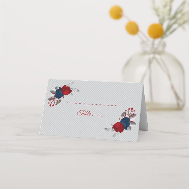 Carte De Placement fleurs rouges et bleues marine feuilles argentées  (Devant)