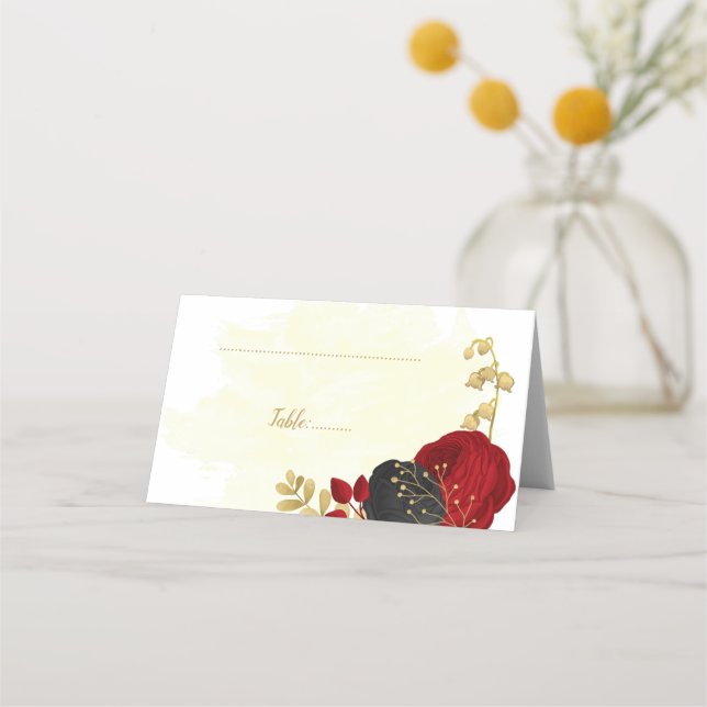Carte De Placement fleurs rouges et noires or mariage botanique pl (Devant)