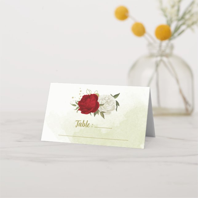 Carte De Placement fleurs rouges vert feuille mariage (Devant)