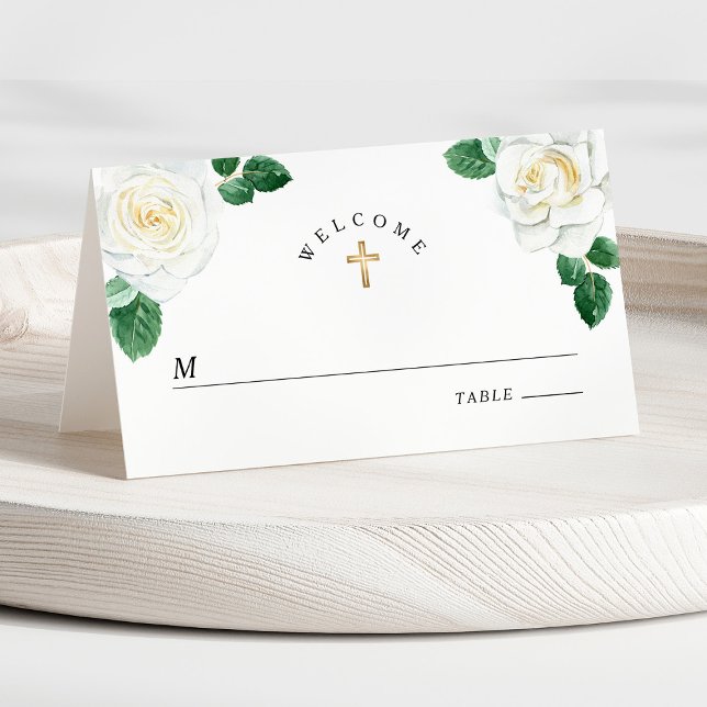 Carte De Placement Floral Blanc Aquarelle Rose Fille Première Communi (Front - Floral White Watercolor Roses Girl First Communion Place Card)
