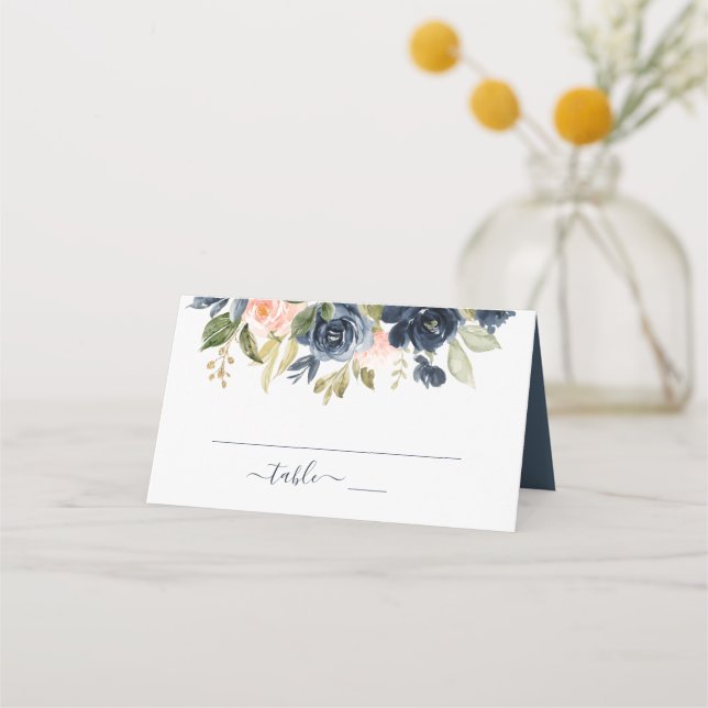 Carte De Placement Floral Blush Rose & Navy Frame Mariage élégant (Devant)