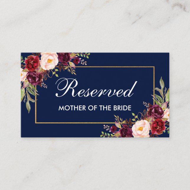 Carte De Placement Floral Burgundy Blue Gold Mariage Nom réservé (Devant)