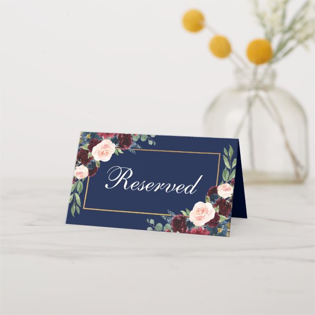Carte De Placement Floral Burgundy Blue Gold Mariage Réservé (Devant)