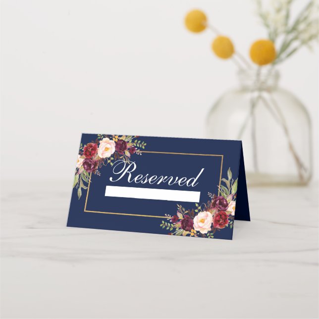 Carte De Placement Floral Burgundy Blue Réservé Mariage (Devant)