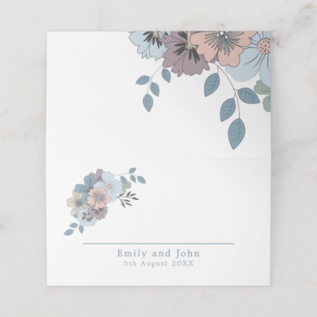 Carte De Placement Floral Dusty Blue Saumon Pink Noms Date Mariage (Extérieur déplié)