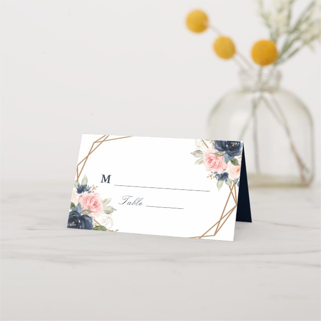Carte De Placement Floral Marine & bleu aquarelle mariage géométrique (Devant)