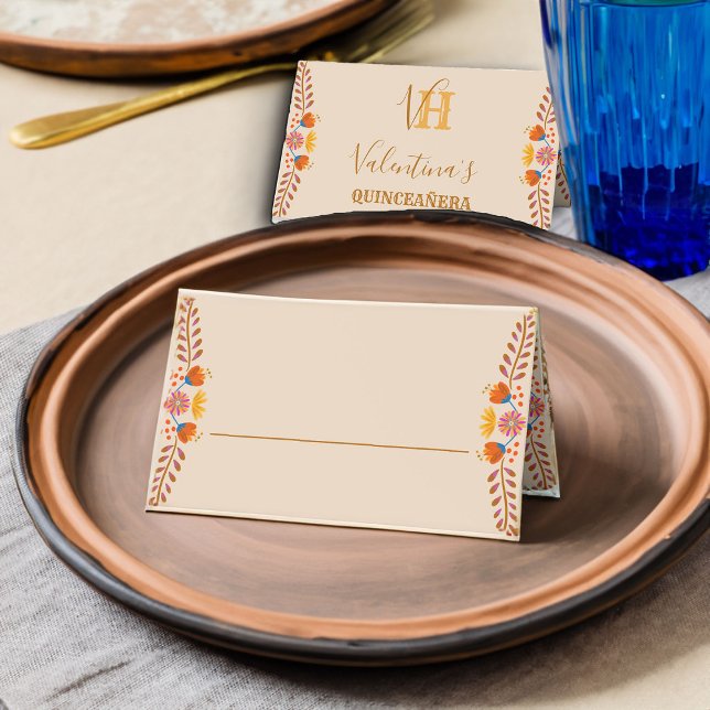 Carte De Placement Floral mexicain Joli Art folklorique personnalisé (Place cards with monogram and personalization on the back from my Mexical Floral collection)