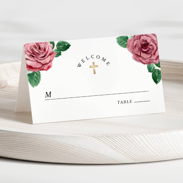 Carte De Placement Floral Pink Peonies Fille Religieux Première Commu (Floral Pink Peonies Girl Religious First Communion Place Card)