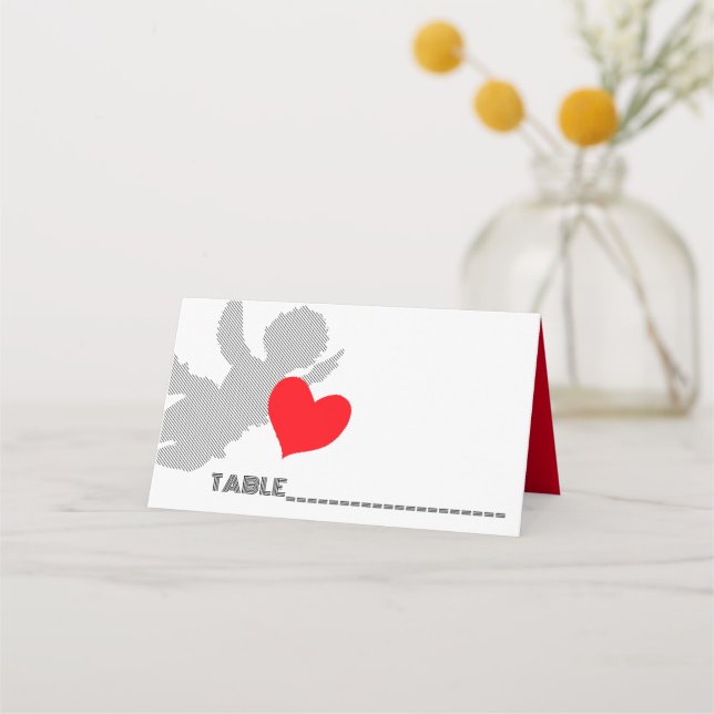 Carte De Placement forme cupide rayée et coeur rouge, silhouette cupi (Devant)